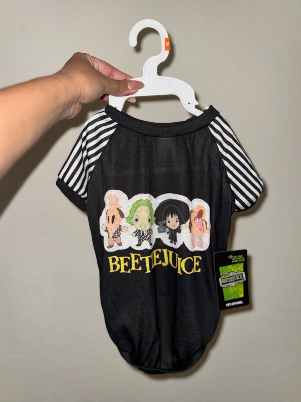 Beetlejuice Graphic Pet Tee - Black with Striped Sleeves